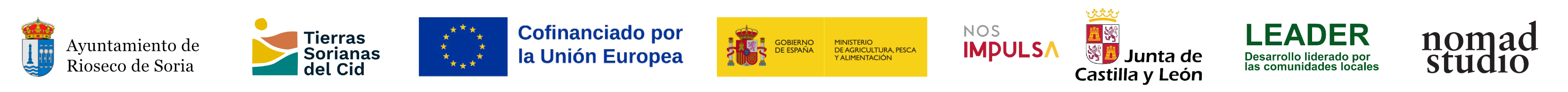 Logos: Ayuntamiento de Rioseco de Soria, Tierras Sorianas del Cid, Cofinanciado por la Unión Europea, Gobierno de España, Nos Impulsa, Junta de Castilla y León, LEADER, Nomad Studio