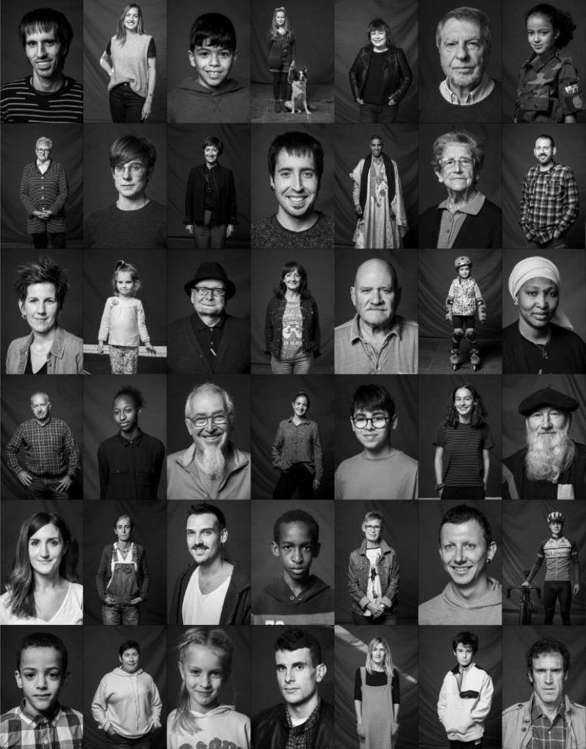 Mosaico de retratos en blanco y negro de vecinos y vecinas de Rioseco de Soria